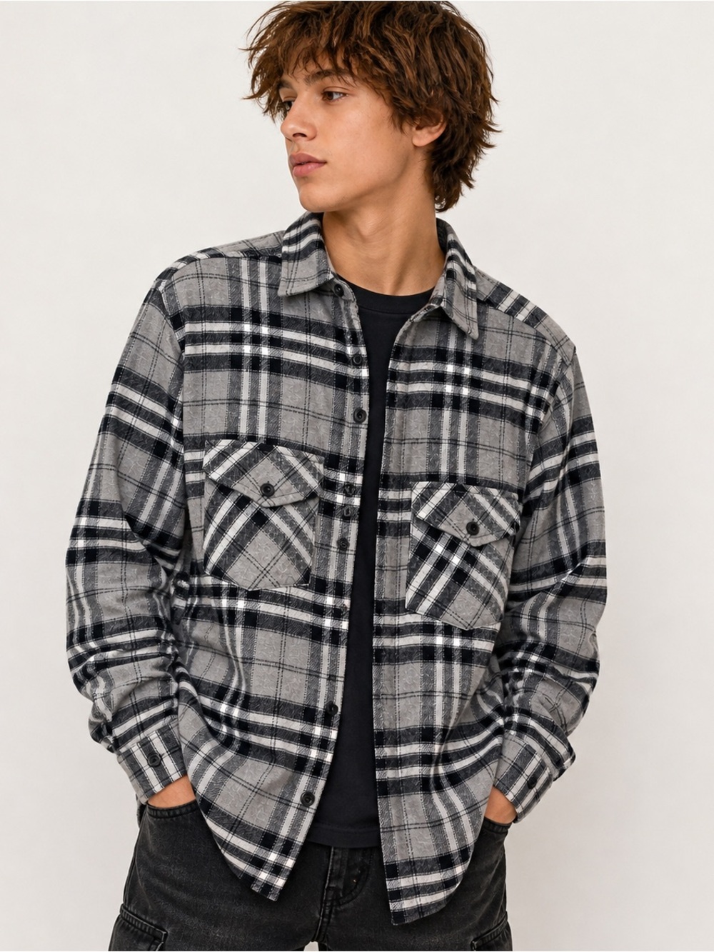 GENERATION XYZ Black & White Plaid Shirt with Red Logo Accent men’s small